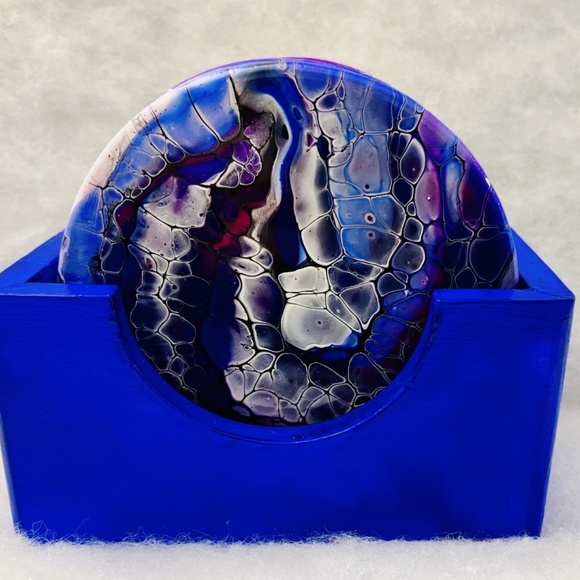 Unique, 1-of-a-kind 6 pc coaster set Deep Blue Pink & holder WOOD - Picture 1 of 4